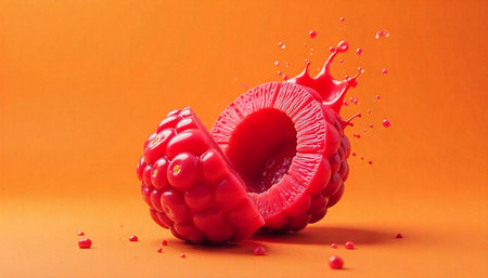 Halved raspberry with splash on vibrant orange background