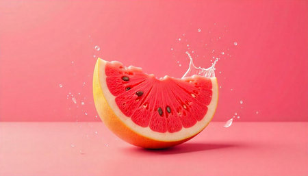 Slice of grapefruit with water droplets on pink background