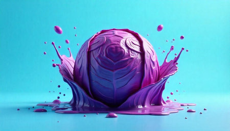 Vibrant red cabbage with paint splashes on blue background