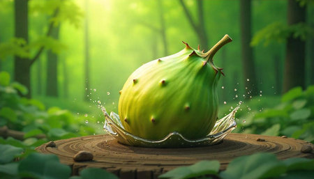 Abstract exotic fruit with water splash on wooden stump