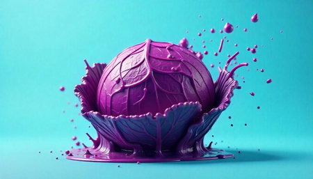 Purple Cabbage Head Surrounded by Liquid Splashes against Turquoise Background