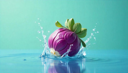 Vibrant red cabbage falls and splashes into clear water