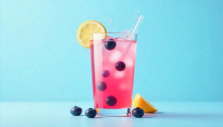 Refreshing pink lemonade with blueberries and lemon slice garnishの写真素材