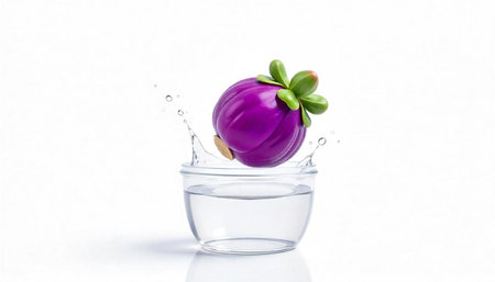Vibrant mangosteen falling into clear water with splash effectの写真素材