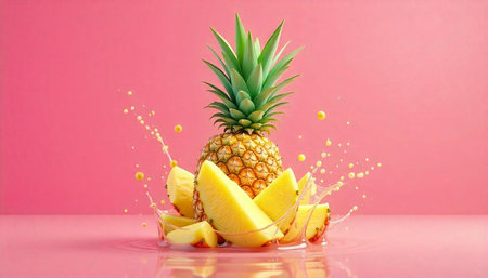 Fresh pineapple with splashing juice on vibrant pink background