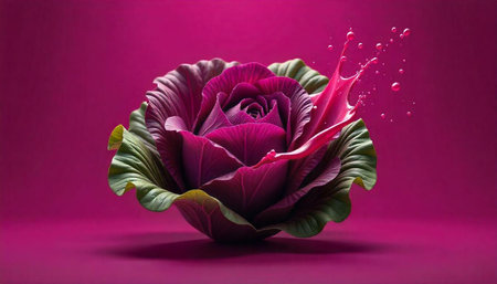 Purple cabbage flower with paint splash on pink background