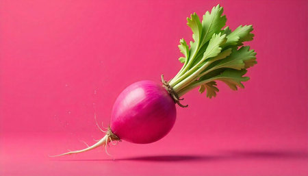 Fresh radish with vibrant greens against a pink background