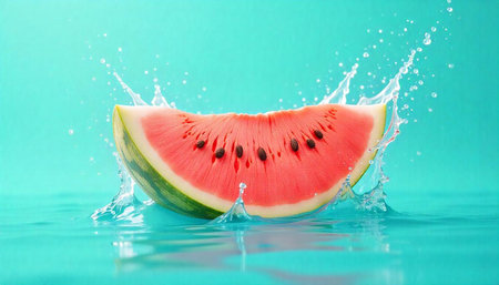 Vibrant watermelon slice splashing in clear water on bright backgroundの写真素材