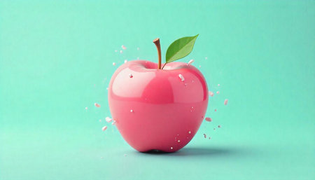 Pink Apple with Splash on Turquoise Backgroundの写真素材