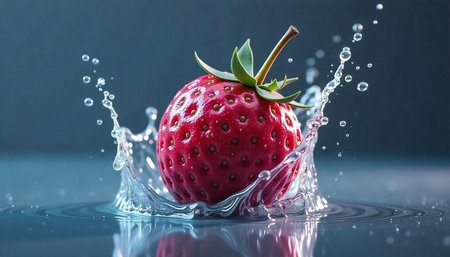 Strawberry splashing into water creating a dynamic still life