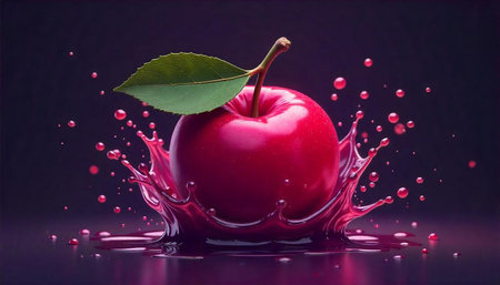 Vibrant red apple splash with leaf and droplets artworkの写真素材