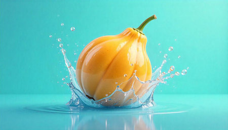 Fresh yellow squash with water splash on turquoise backdrop