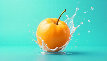 Fresh orange fruit splashing in clear water on turquoise