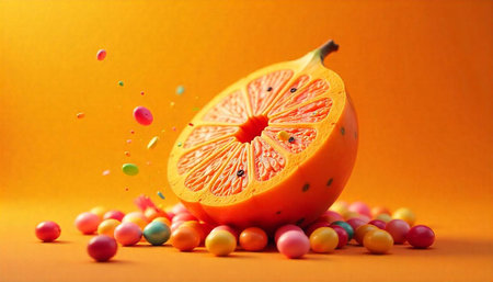 Halved orange with colorful candies on orange colored background