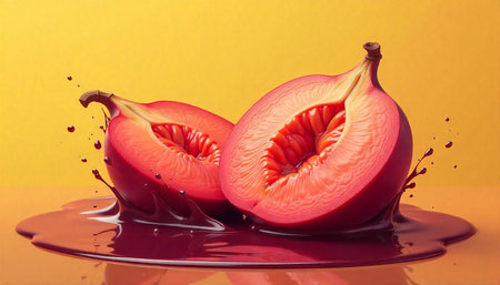 Halved plums dripping into vibrant red juice pool