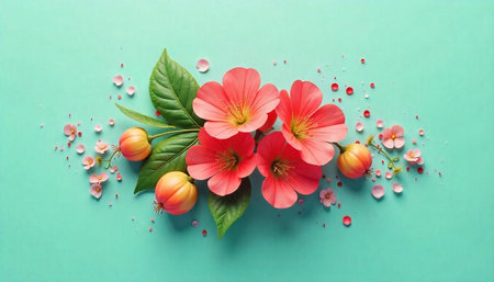 Floral arrangement on cyan background featuring coral flowers and berries