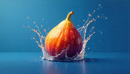 Fresh fig splashing into blue water creating dynamic splash