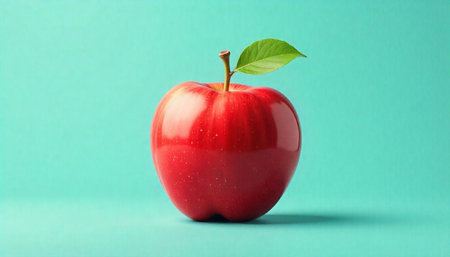 Red apple with green leaf against pastel background