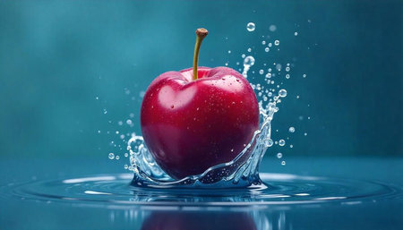 Bright red cherry falling into water with splash effect