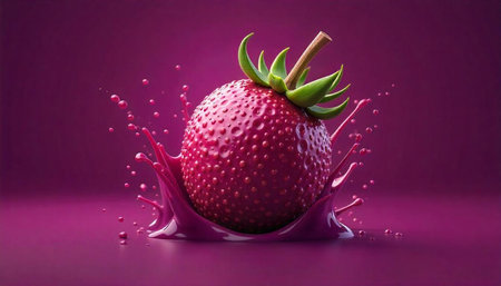 Strawberry splash with vibrant magenta liquid in a studio