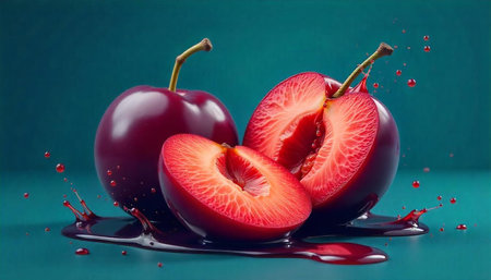 Fresh Plums Cut Open with Splashes of Juiceの写真素材