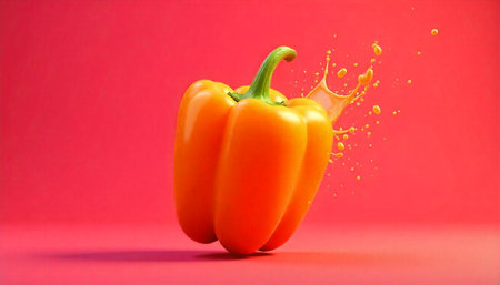 Fresh orange bell pepper with juice splash on red