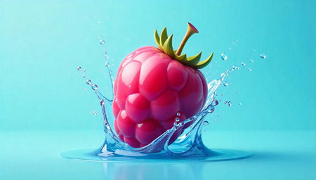 Raspberry splash in water on a bright background