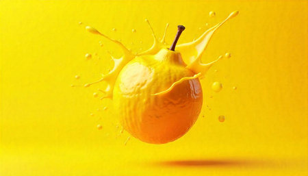 Yellow pear exploding with juice on a vibrant background