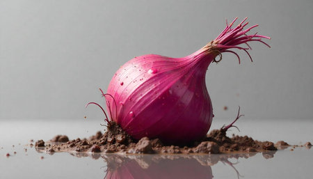 Fresh red onion sprouting from soil on reflective surface