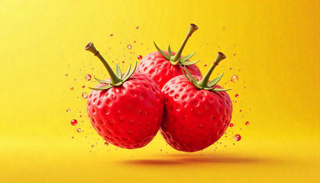 Three juicy strawberries levitating with water droplets, yellow backdrop