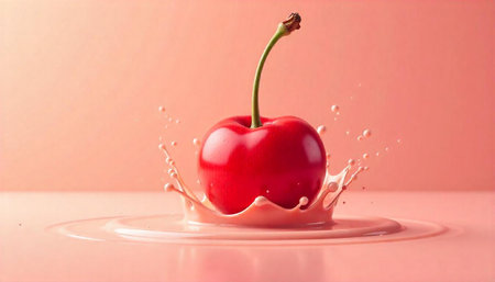 Single Cherry in Splash of Pink Creamy Liquid