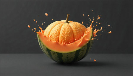 Watermelon with melon slice and juice splash on blackの写真素材