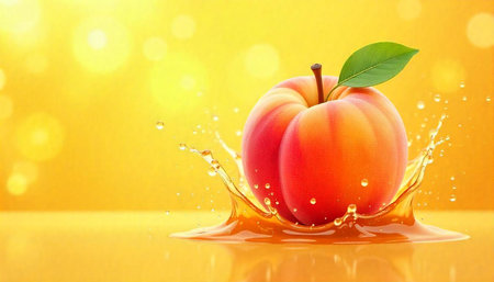 Ripe peach with leaf in juice splash backgroundの写真素材