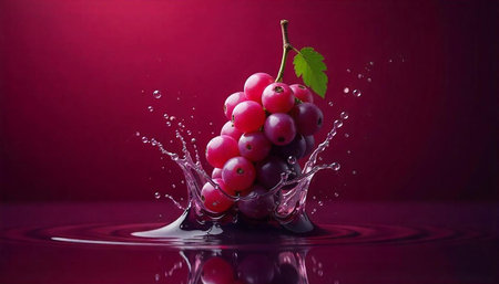 Red grapes splashing in liquid creating a vibrant backgroundの写真素材