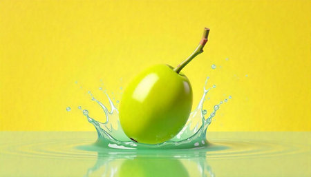 Green plum splashing into liquid on bright yellow backgroundの写真素材