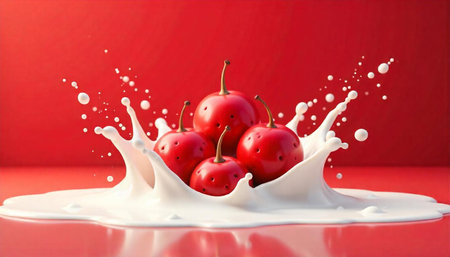 Fresh cherries in splashing milk against a red background