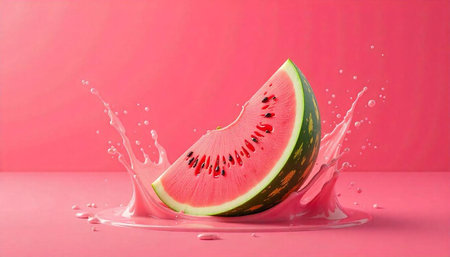Watermelon slice in splashing pink liquid against pink backdropの写真素材