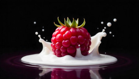 Raspberry splashing into milk against a dark background