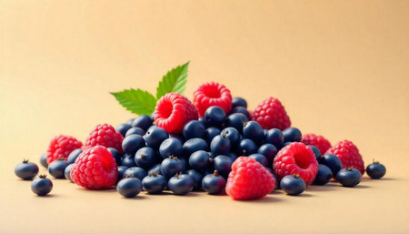 A Pile of Fresh Blueberries and Raspberries on Background