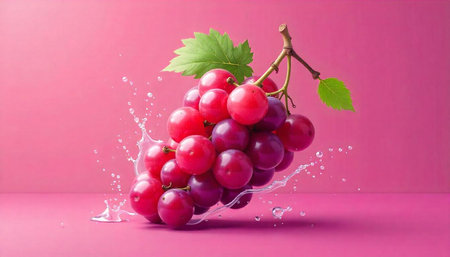Fresh bunch of grapes with water droplets on pinkの写真素材