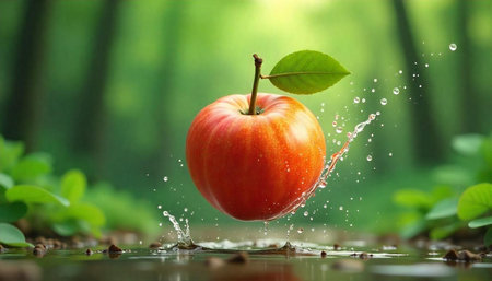 Vibrant red apple splashing in clear water, fresh nature