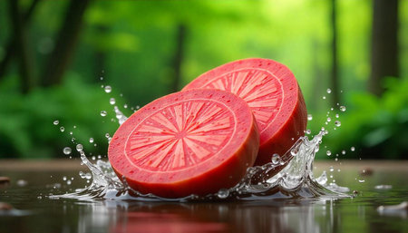 Two slices of a red fruit create splash in water