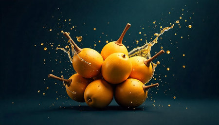 Stack of Yellow Fruits with Splashes on Dark Background