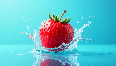 Strawberry splashing into water against a clean backgroundの写真素材