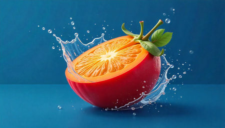 Sliced orange splashing water droplets against blue backdropの写真素材