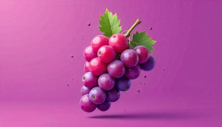 Vibrant bunch of grapes floating against a pink background