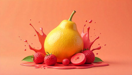 Yellow pear and strawberries with splashing pink liquid