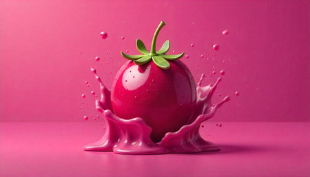 Vibrant pink fruit splash on solid color background studioの写真素材