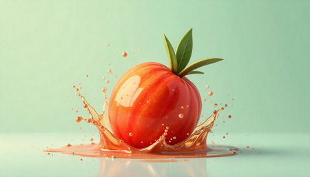 Ripe peach splash with vibrant juice on mint background