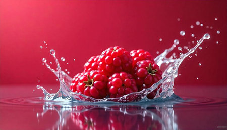 Red raspberries splashing into water with red backdrop